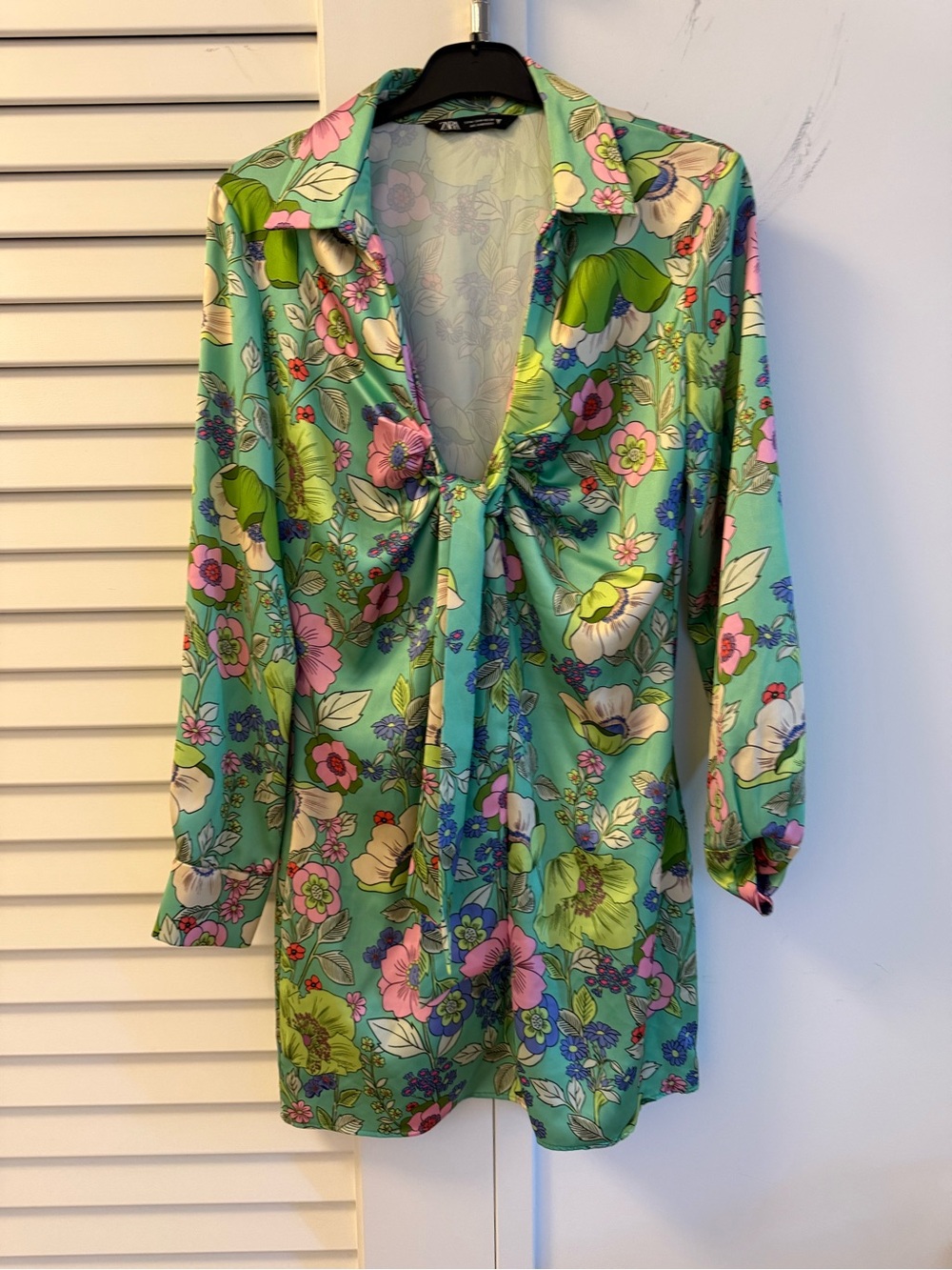 Zara Floral Tie-Front Satin Tunic in Mint Green and Pink